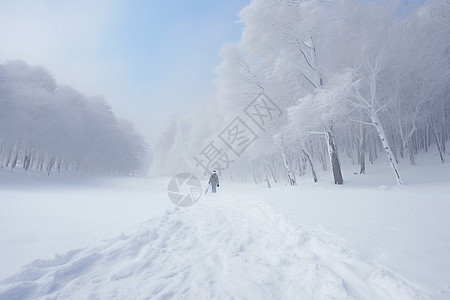 冬日林间的滑雪者图片