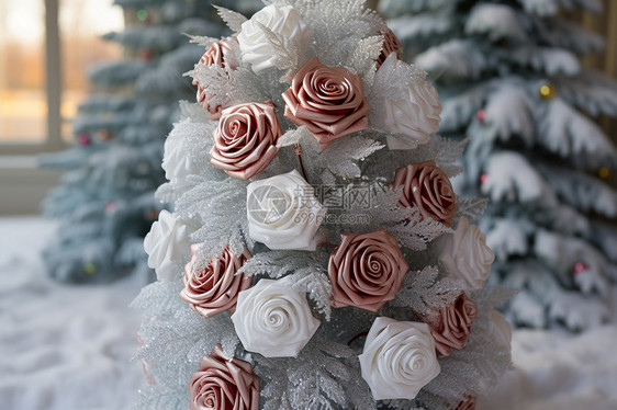 用霜冻的玫瑰和圣诞树图片