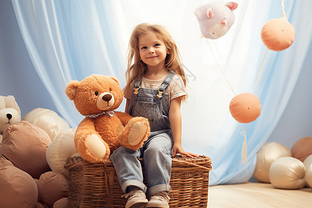 在房间里抱着泰迪熊的小女孩图片