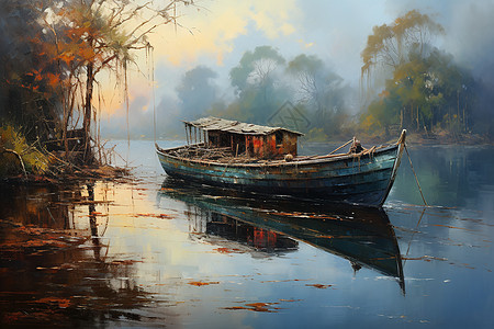 夕阳映照的小船背景图片
