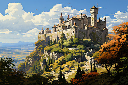 山脉中的古堡背景图片