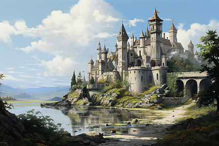 迷人古堡的油画背景图片