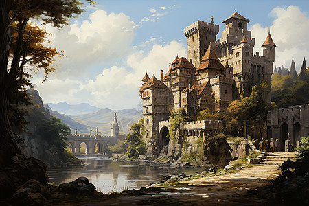 风景如画的中世纪城堡背景图片
