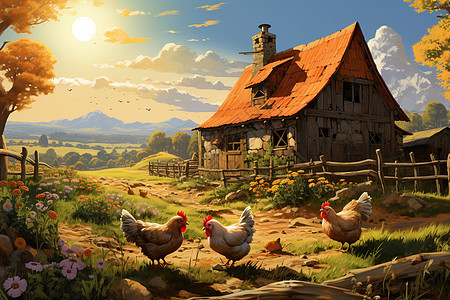 乡村木屋前的鸡群图片