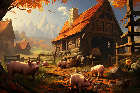 乡村木屋前的小猪背景图片