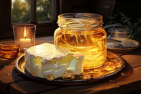 摆放在玻璃罐里的蜂蜜和蛋糕图片