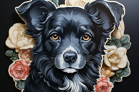 花朵边框的黑色小狗图片