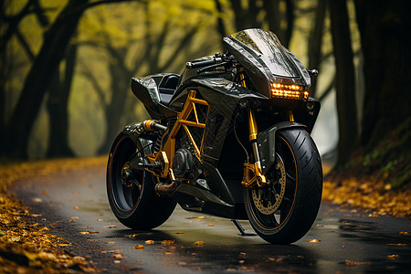 酷炫光线深林中的氢燃料摩托近景摩托车视角街道背景现代风格自然光线背景