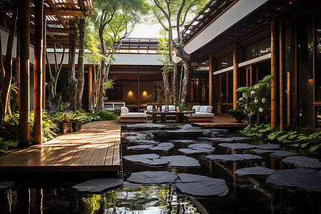 当代竹木庭院背景图片