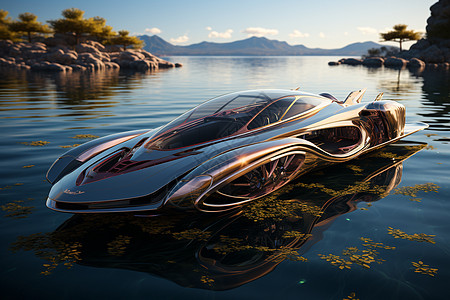 一艘在湖上漂浮的未来感水上车图片