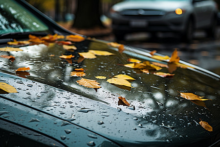 雨中落叶飘落在车辆上图片