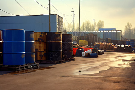 废物处理厂中堆放的油桶背景