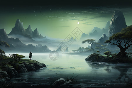 月夜明亮的山水景观插图图片