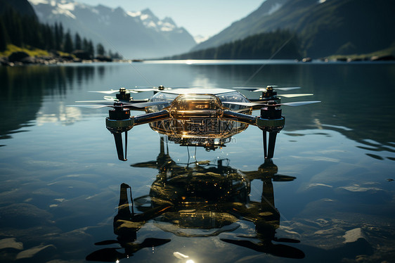 悬浮于湖面上的无人机图片