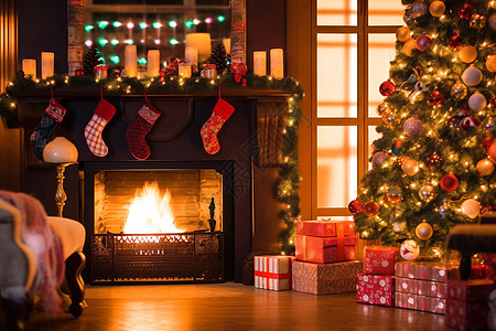 壁炉旁的圣诞节惊喜装饰背景图片
