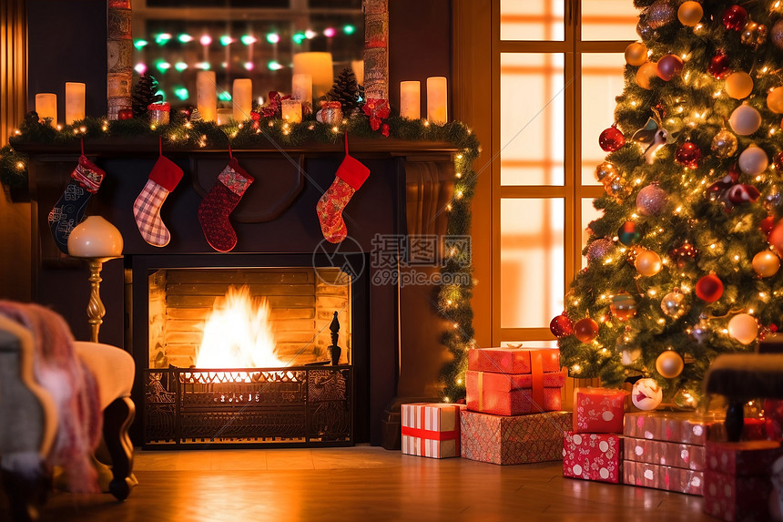 壁炉旁的圣诞节惊喜装饰图片