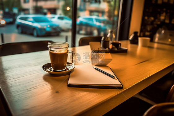 桌面上的笔记本和咖啡图片