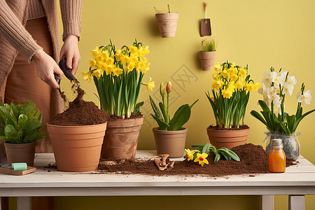 春季桌面上栽培的盆栽图片