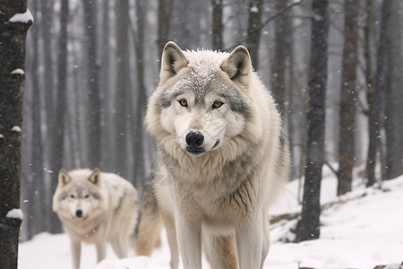 冬季林间觅食的白狼背景图片