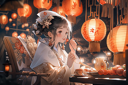春节街头品尝美食的少女背景图片