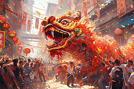 春节街道上的舞龙表演插图背景图片
