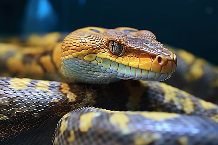 蛇的威胁一条蛇在桌上模糊的背景中有蓝天和黑色背景（标题优化）图片