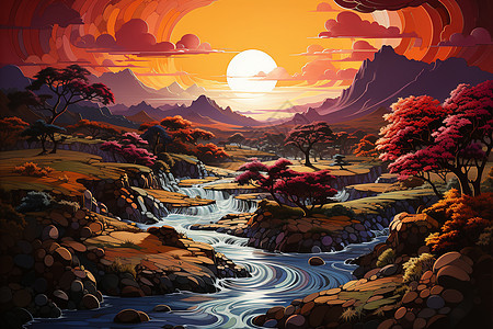 户外梦幻的河谷绘画背景图片