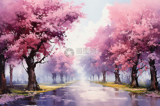 城市樱花树的道路图片