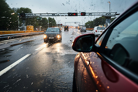 城市雨水中行驶的车辆图片