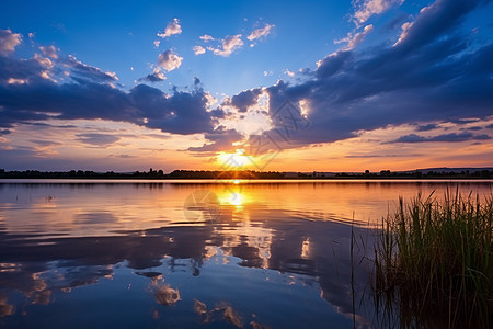 湖上的日落背景图片