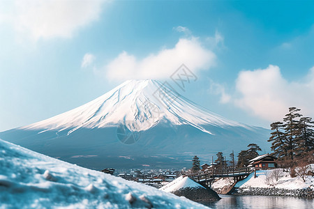 冬季冰雪覆盖的富士山景观背景图片