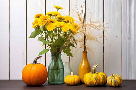 秋天食物和花朵背景图片