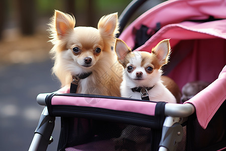 可爱的吉娃娃狗两只小狗一起坐车背景