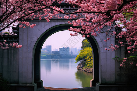 桃花和拱门背景图片