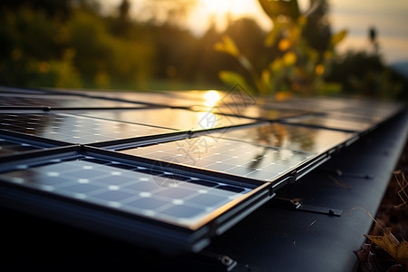夕阳下的太阳能电池板背景图片
