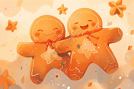装修漫画星空中两个姜饼人拥抱在一起背景