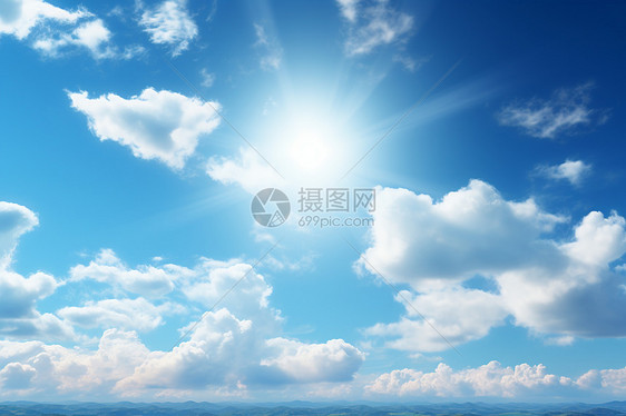 蓝天白云中耀眼的太阳图片