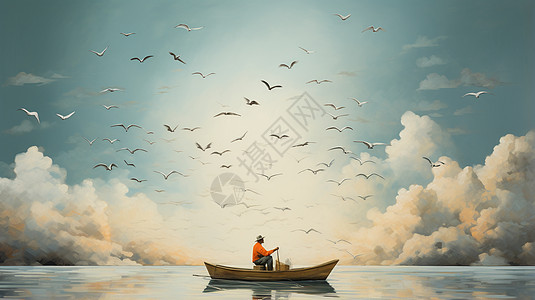 平静海面上的渔夫插图图片