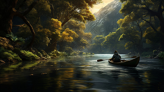 林间溪流上的木质小船图片