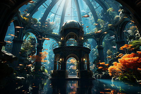神秘的海底宫殿内部背景图片