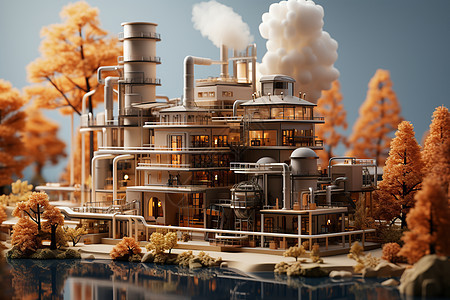 秋季山林中的工业工厂模型图片
