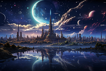 夜幕下魔幻的城堡基地背景图片
