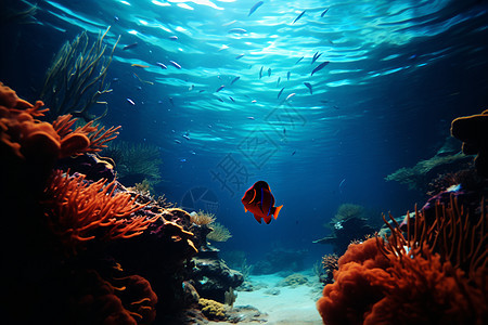 深海珊瑚旁的热带鱼图片