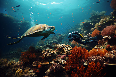 海底游动的巨大海龟高清图片