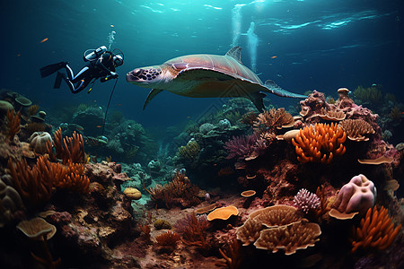 海底与海龟互动的浮潜者图片