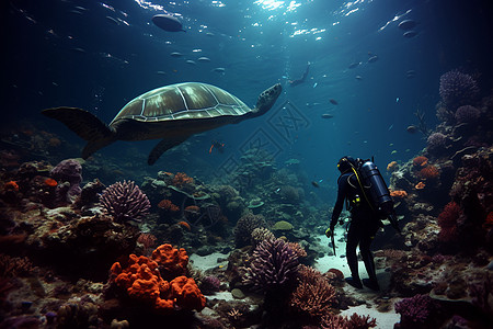 海底珊瑚旁的浮潜者背景图片