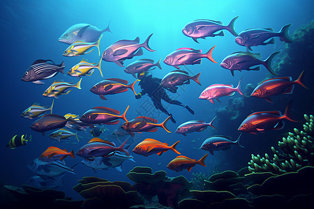海底鱼群中的潜水员背景图片