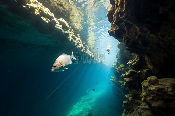 清新蓝洞中游泳的鱼群图片