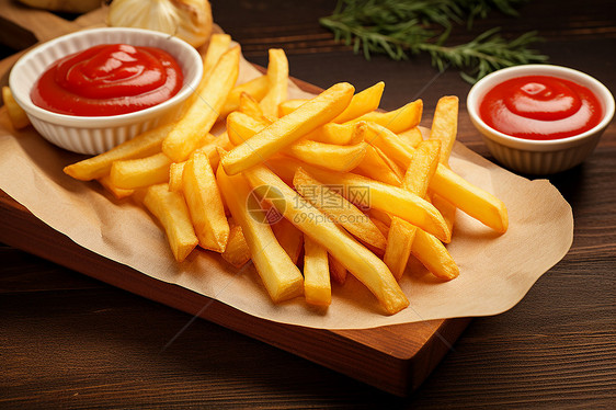 餐盘上的炸薯条蘸番茄酱图片
