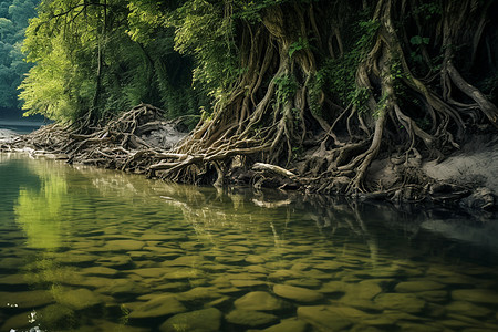 河边大树复杂的根系图片